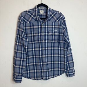 Lucky Brand Jeans Pearl Snap Blue Plaid Western Long Sleeve Shirt, Size-L